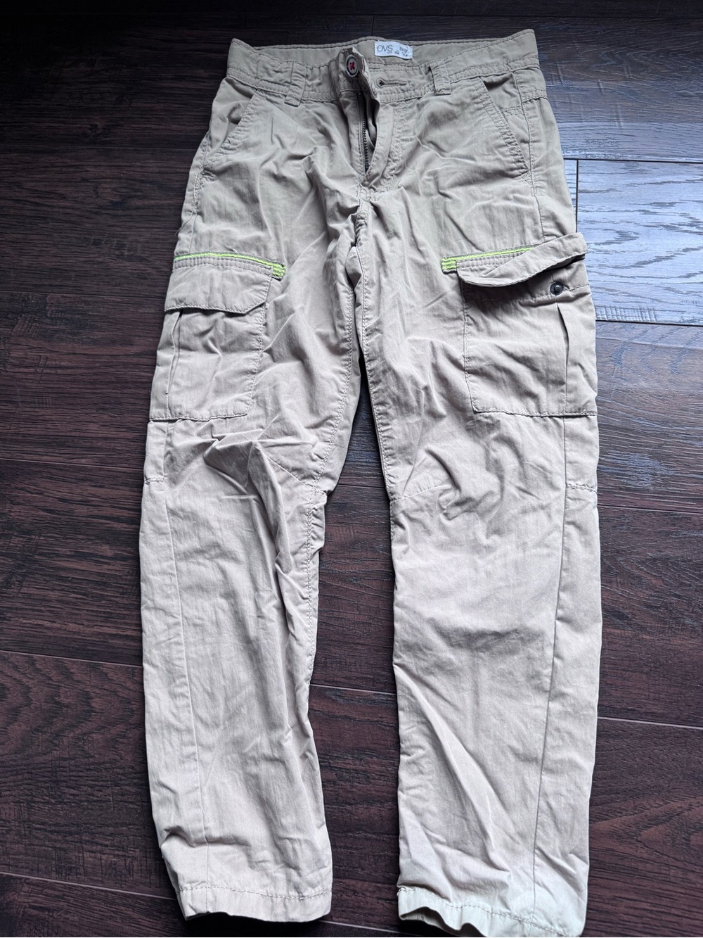 Kids Cargo Pants in Light Tan with Lime Trim